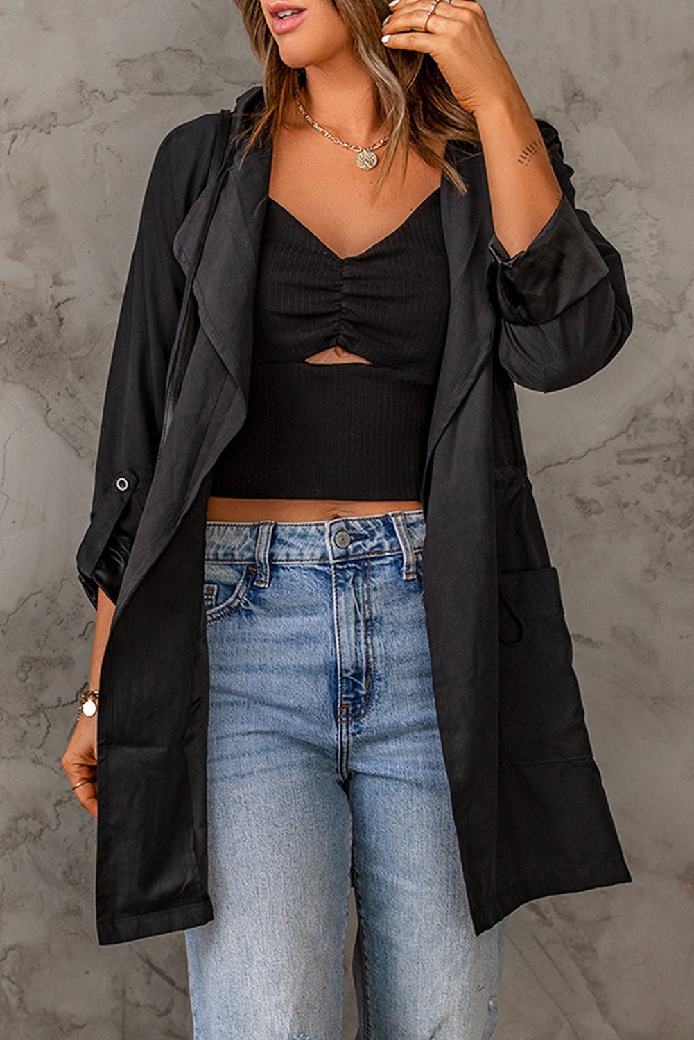 Comfortable 100% Polyester Drawstring Longline Hooded Jacket for Transitional Weather