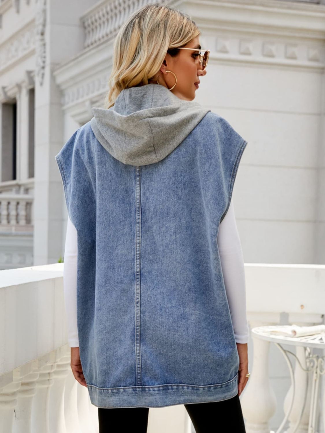 Long Hooded Sleeveless Denim Top with Functional Pockets