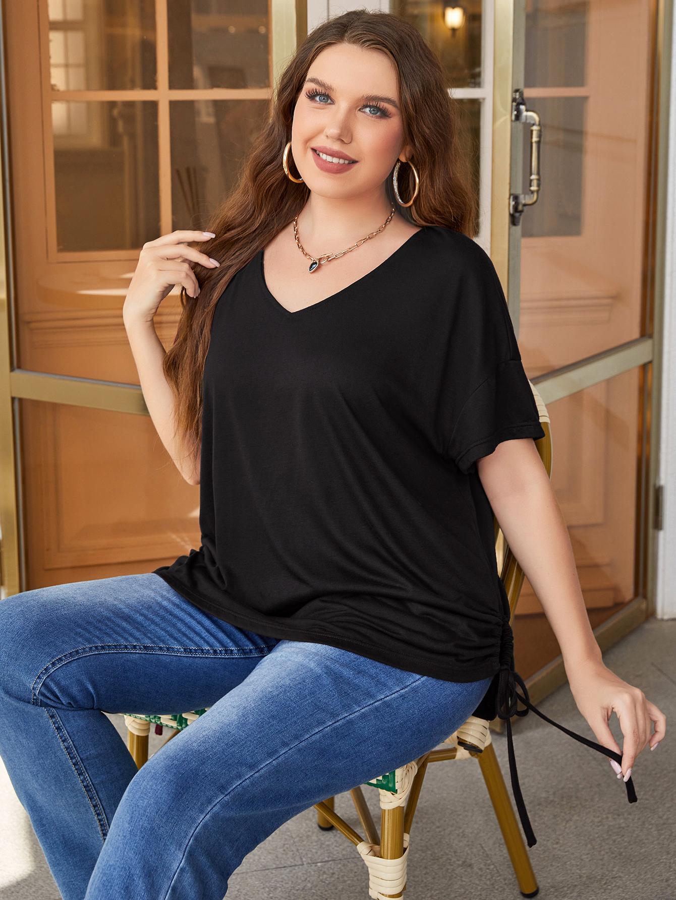 Plus Size V-Neck Short Sleeve Blouse with Drawstring for Casual Wear