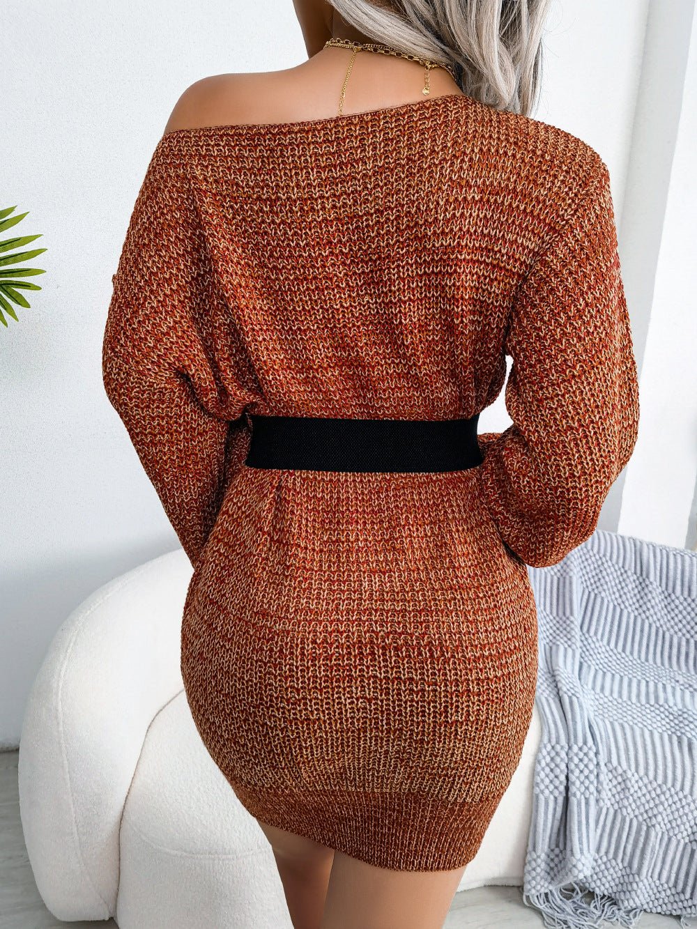 Casual Heathered Boat Neck Lantern Sleeve Mini Sweater Dress for Women
