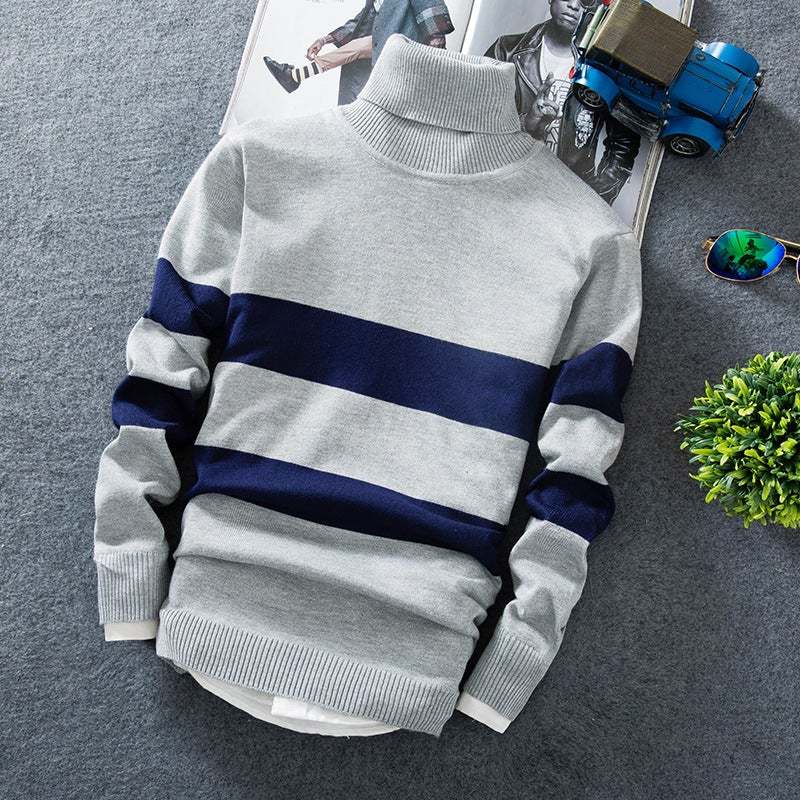 Men's Korean Style Long Sleeve Colorblock Striped Turtleneck Pullover Sweater