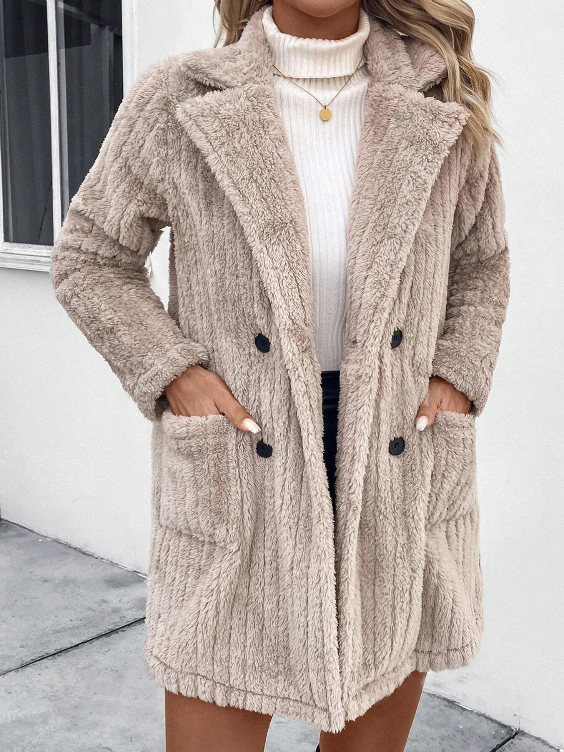 Cozy Fuzzy Long Sleeve Button - Up Coat with Practical Pockets