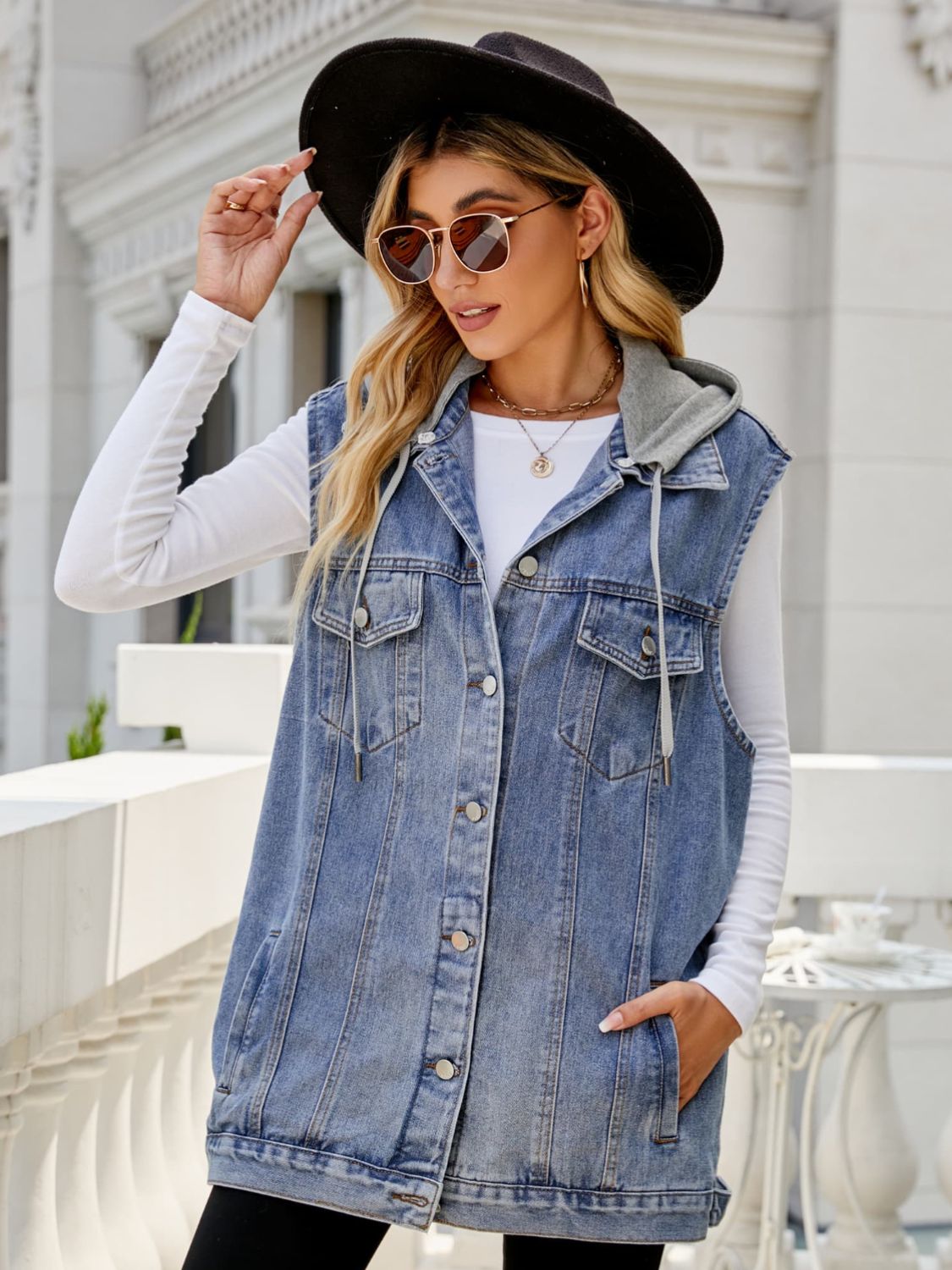 Long Drawstring Hooded Sleeveless Denim Top with Practical Pockets
