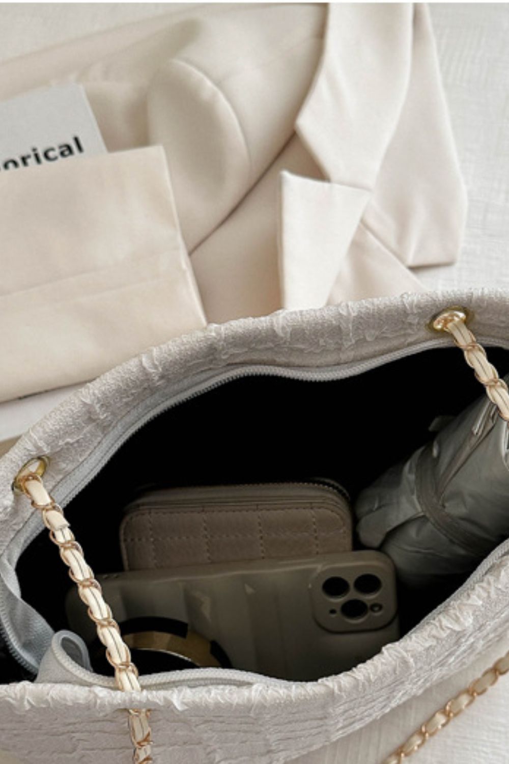 Imported Medium-sized Polyester Tote Bag with Chain Texture