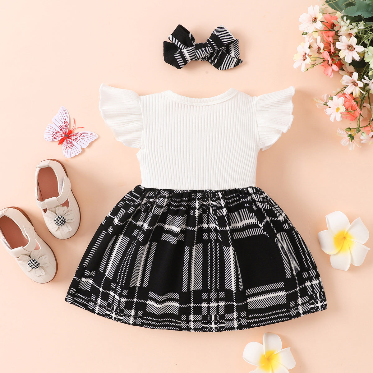 Casual Plaid Pattern Print Dress with Bow Detail for Infants and Toddlers
