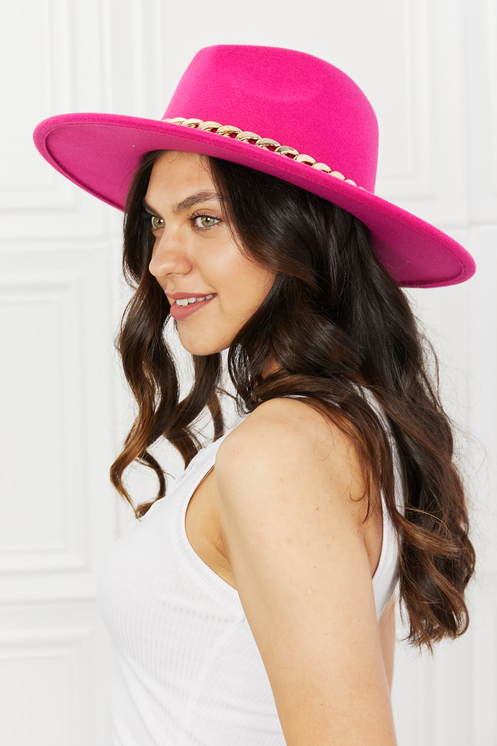 Stylish Pink Fedora Hat with Chain Detailing by Fame