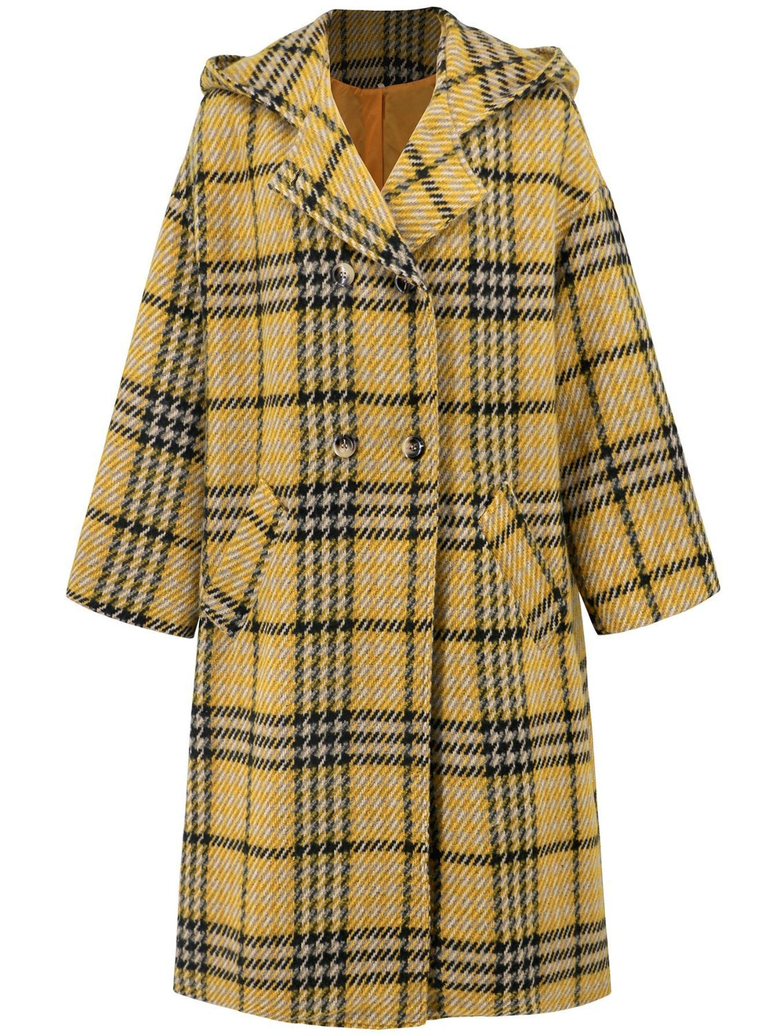 Double-Breasted Long Sleeve Longline Plaid Women's Winter Coat