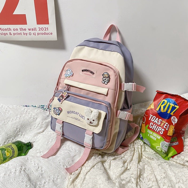 Stylish Fashionable Bear - Inspired Large - Volume Geometric Contrast - Colored School Backpack for Students