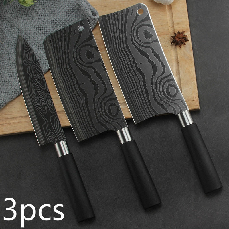 Premium Professional Damascus Laser Pattern Stainless Steel Chef Knife Set for Meat Chopping, Slicing, and Vegetable Cutting in the Kitchen