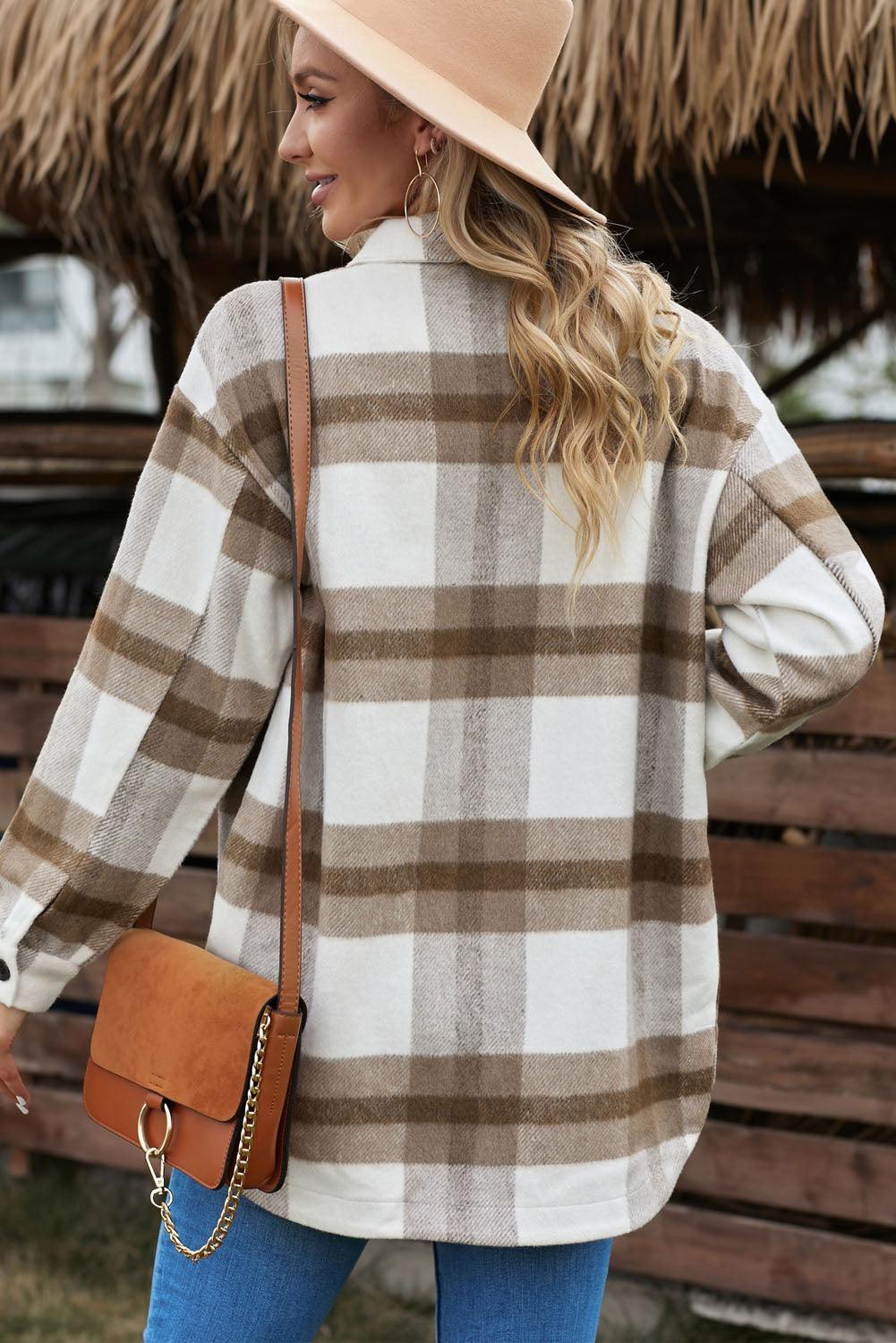 Casual Plaid Dropped Shoulder Pocket Buttoned Shacket for Everyday Wear