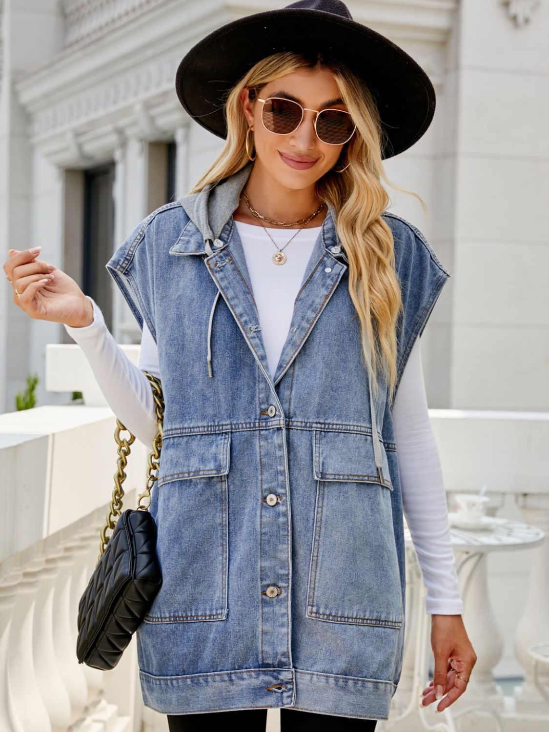 Long Hooded Sleeveless Denim Top with Functional Pockets