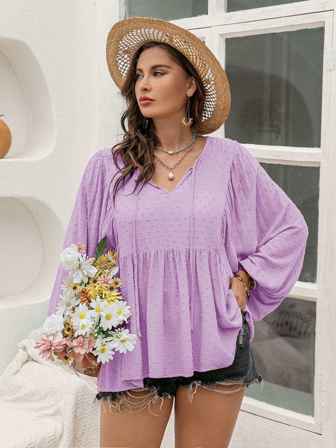 Plus Size Long Sleeve Swiss Dot Blouse with Tie Neck