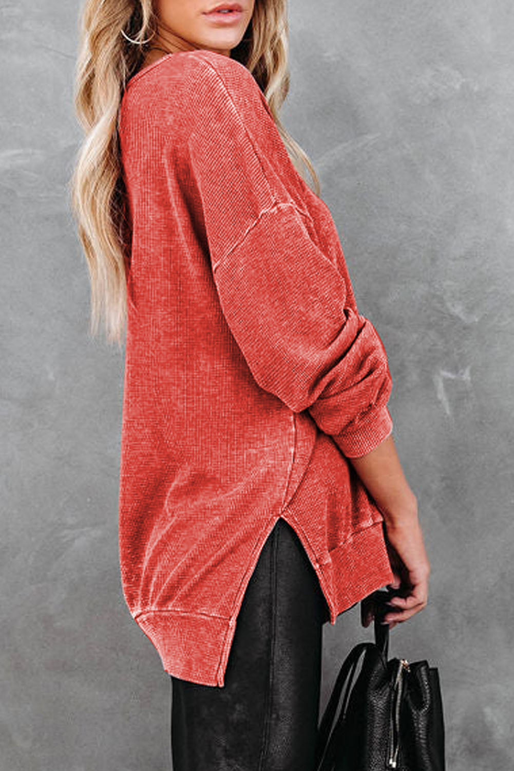 Waffle - Knit Dropped Shoulder Slit Polyester - Cotton Sweatshirt