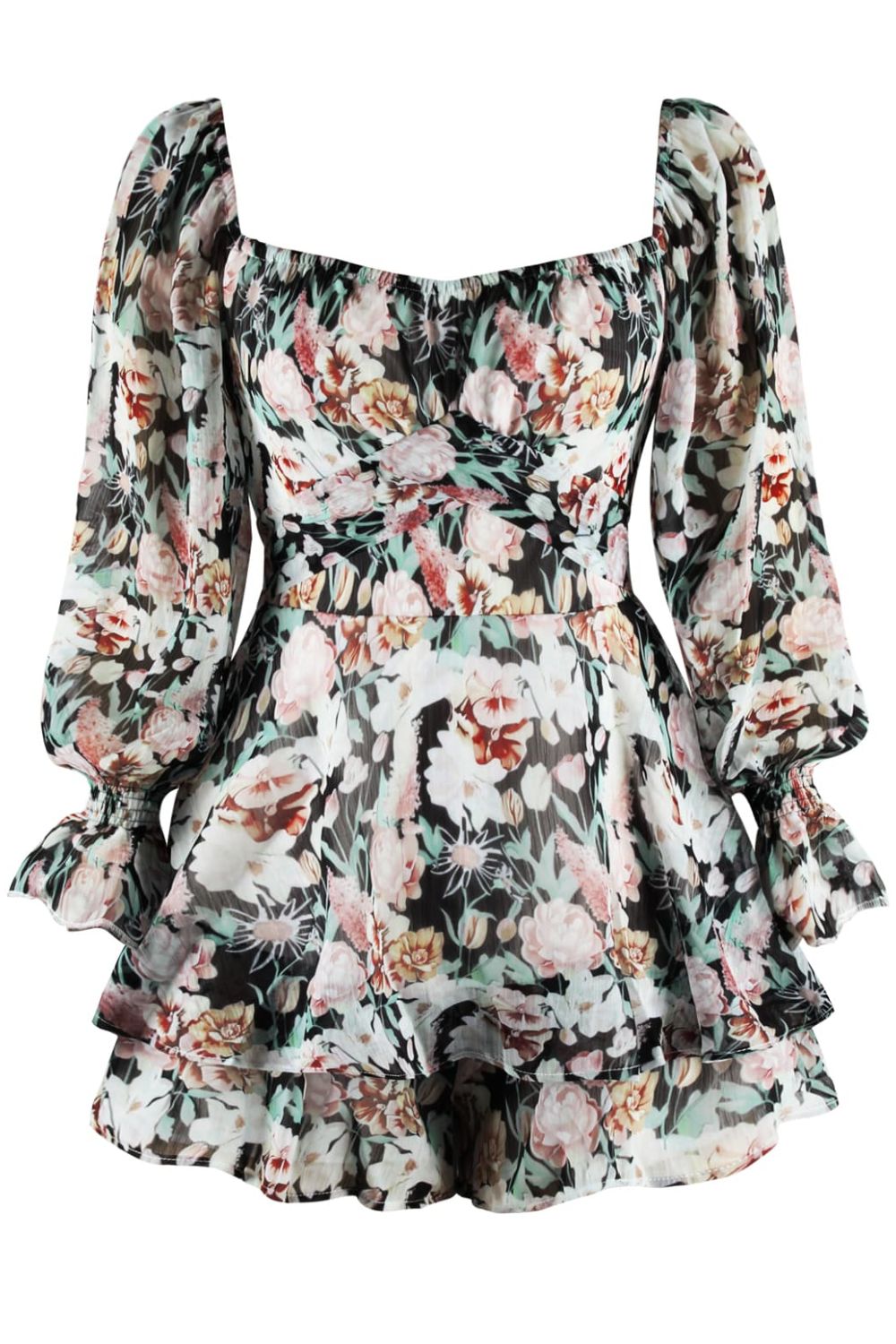 Women's Floral Print Sweetheart Neckline Flounce Sleeve Short Romper