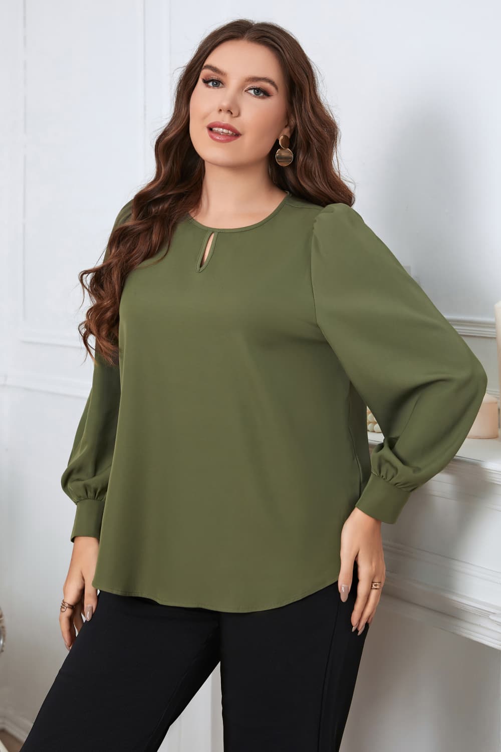 Plus Size Long Sleeve Round Neck Casual Blouse with Cutout Detail