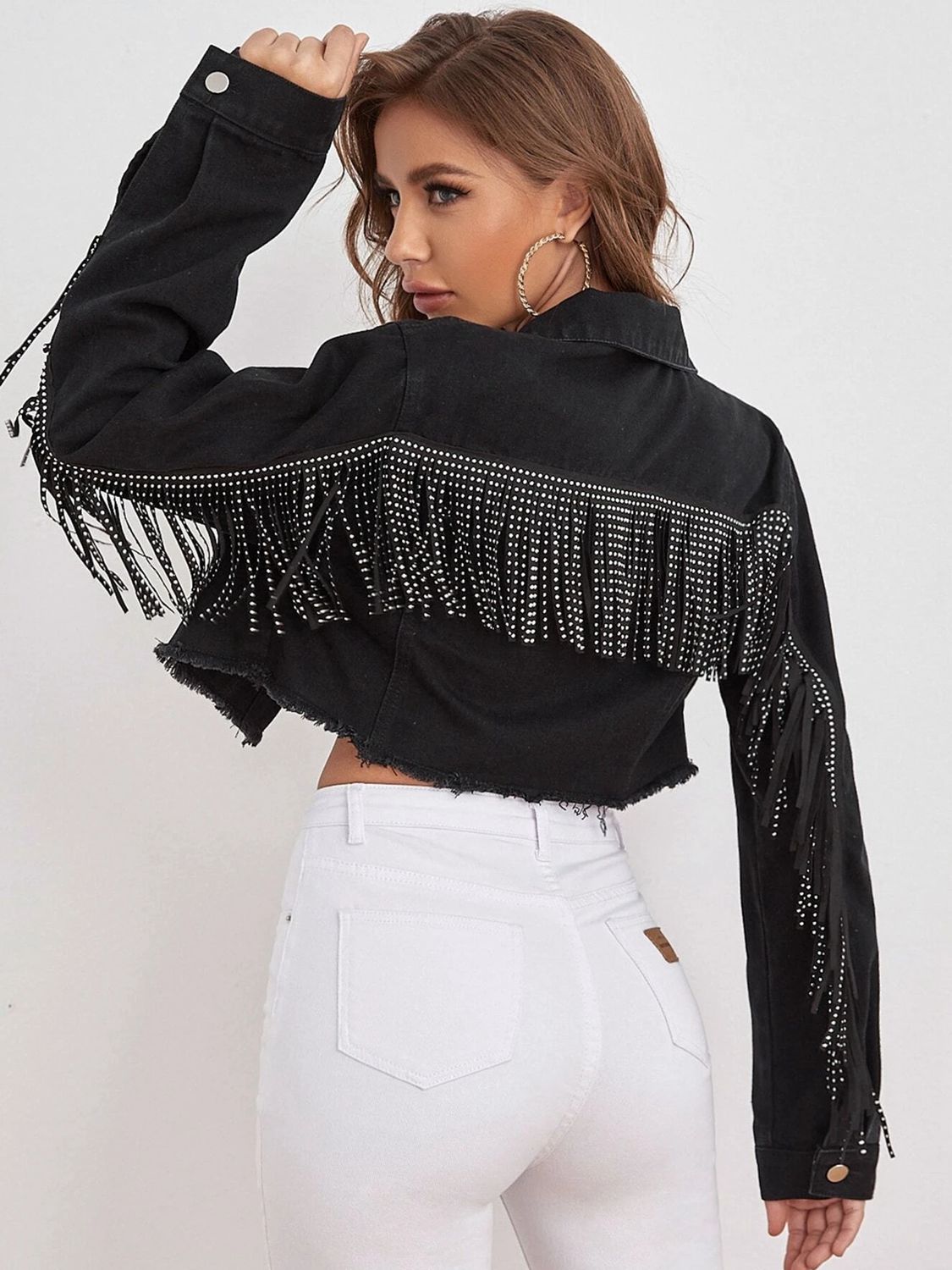 Stylish Cropped Denim Jacket with Fringe Detail and Collared Neck for Fashion - Forward Look