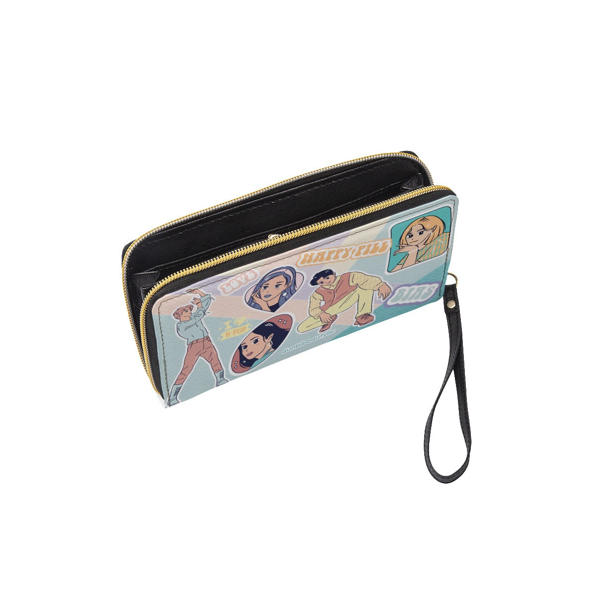 KPOP Inspired Long Black Hand Strap Wallet Designed by Dunbi - Ideal for BTS, Enhyphen, Ive, Aespa Fans with Pastel, Bias, Happy Pill, Love and Idol - Themed Elements