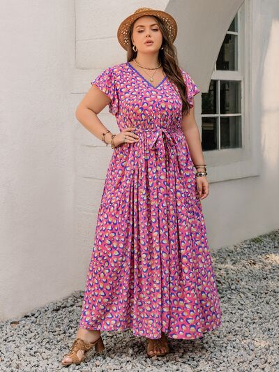 Plus Size Fashionable Printed V-Neck Flutter Sleeve Tie-Waist Floor-Length Maxi Dress for Women