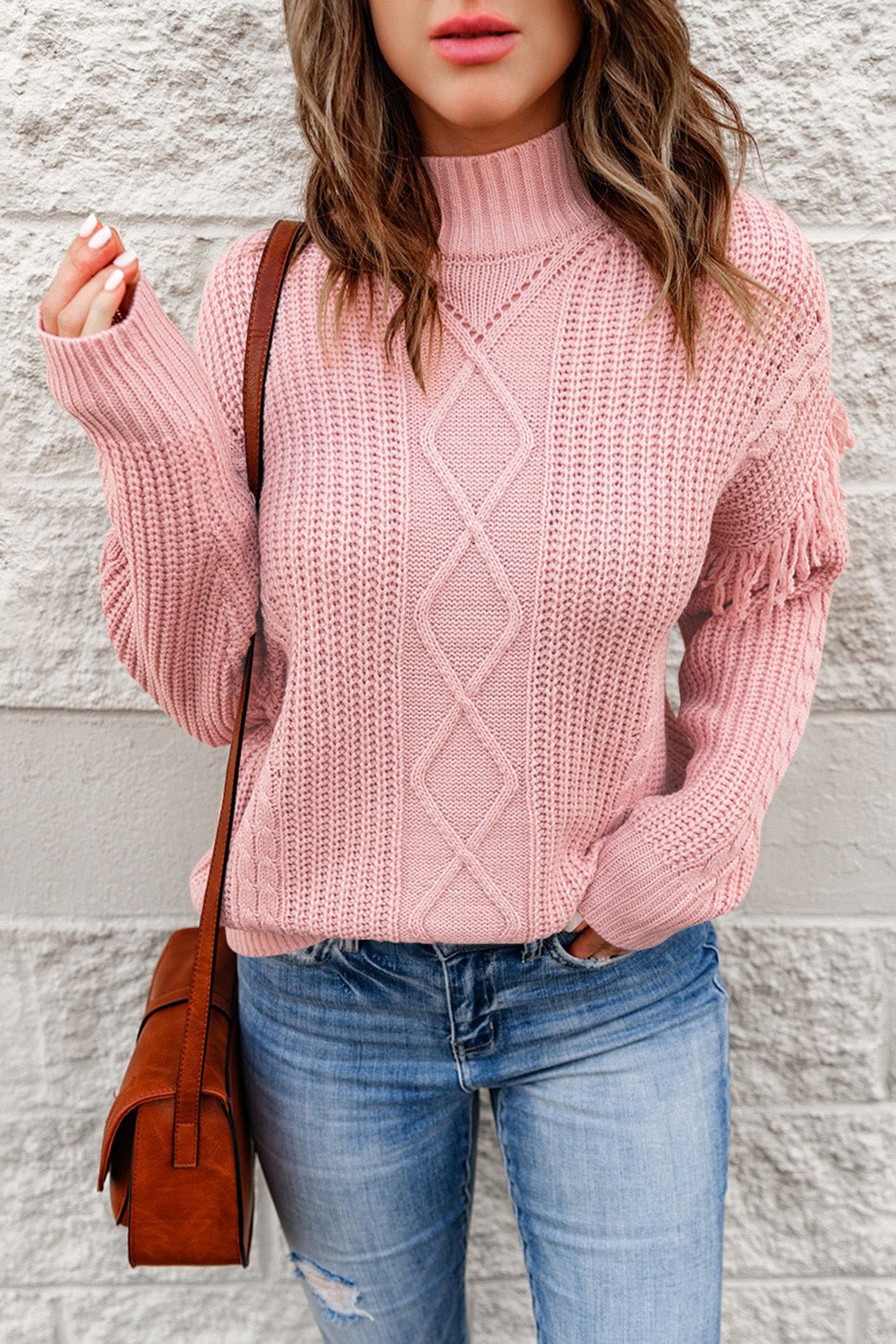 Fashionable Fringe - Trimmed Mixed Knit High - Collar Casual Sweater for Everyday Wear