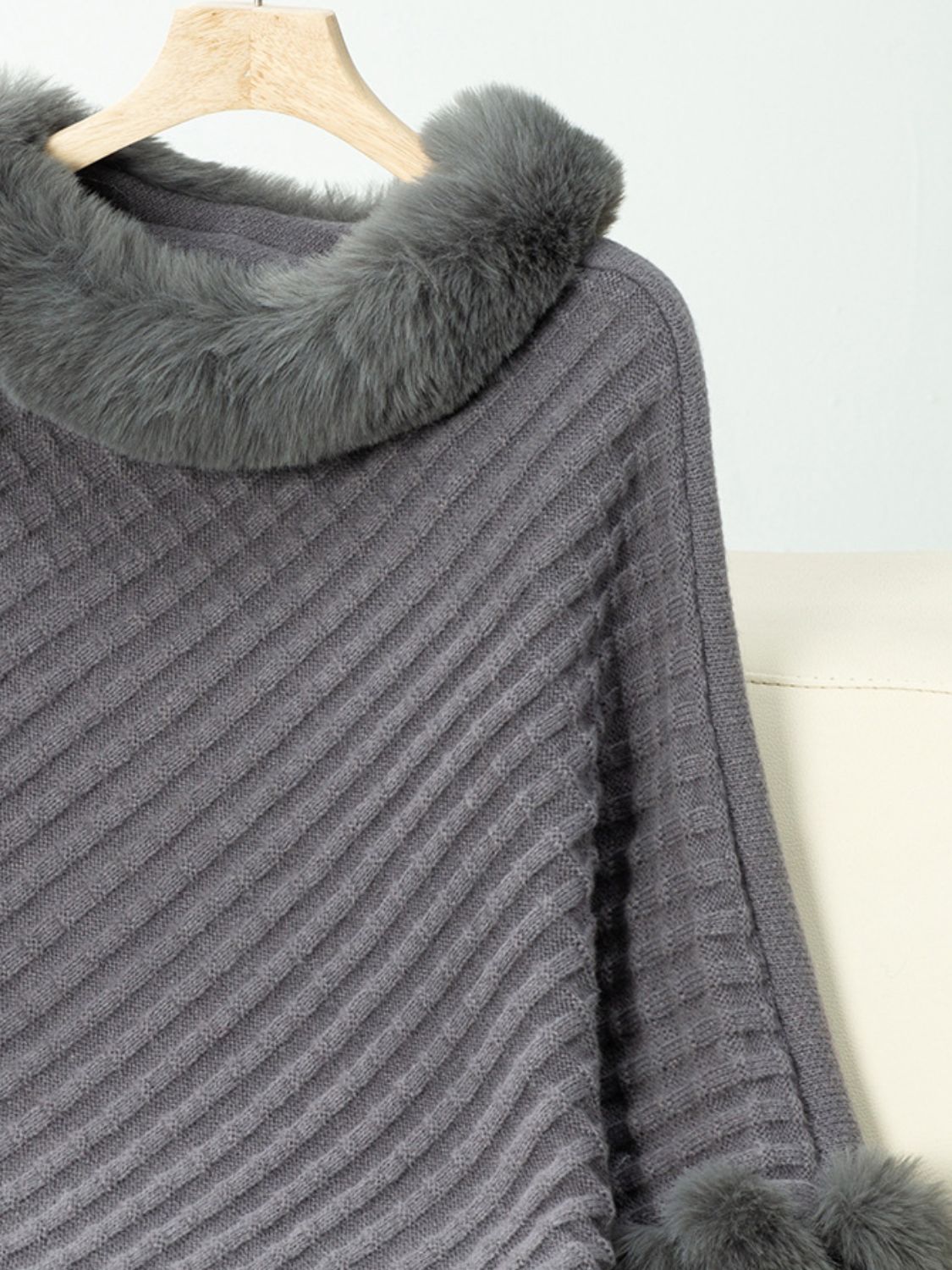 Fashionable Three-Quarter Sleeve Poncho with Fuzzy Trim Texture