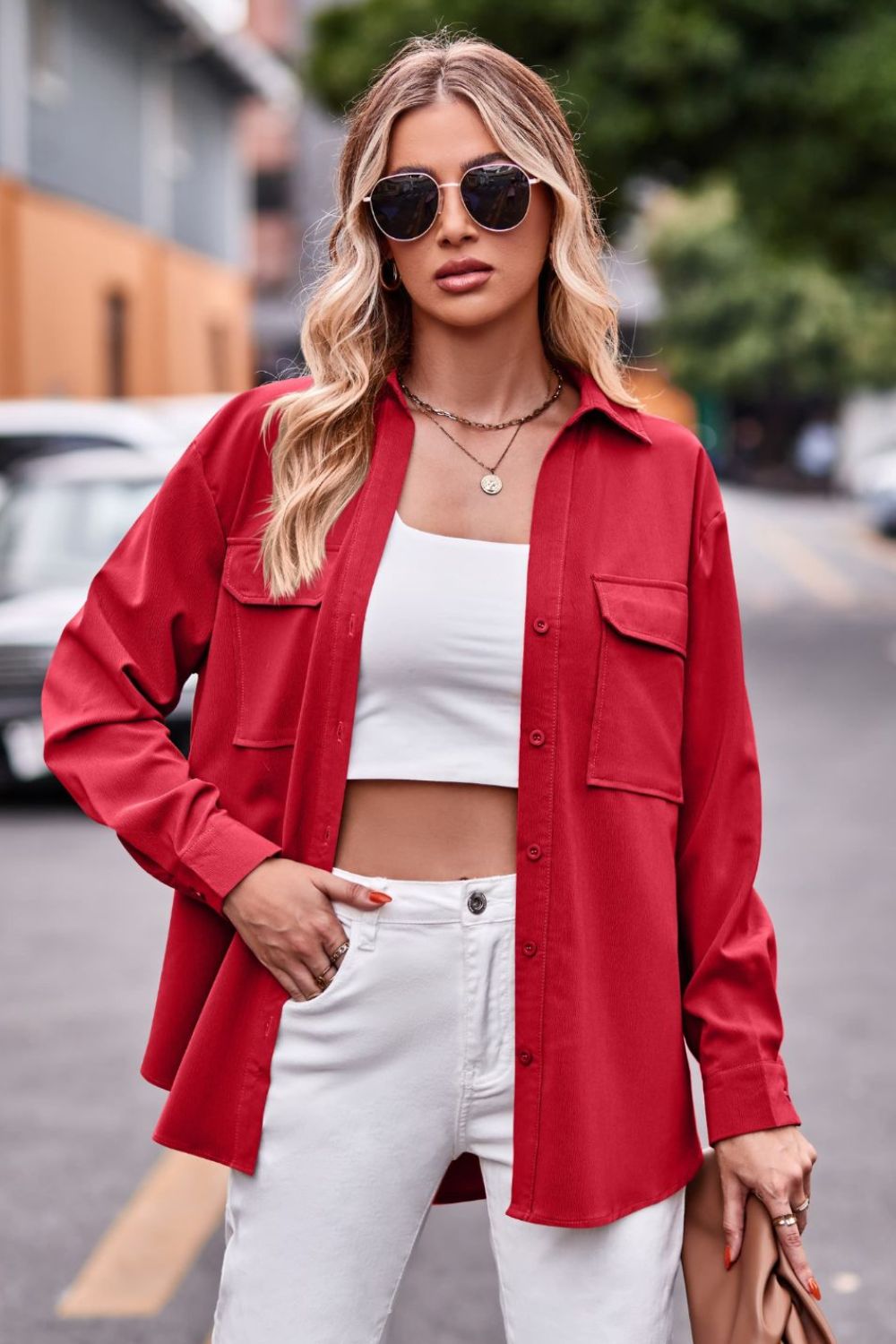 Casual Longline Dropped Shoulder Shirt with Functional Pockets