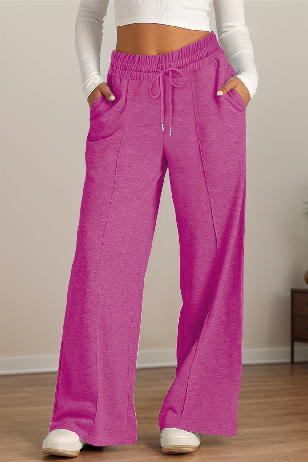 Fashionable Drawstring Elastic Waist Wide Leg Polyester Pants for Comfortable Wear