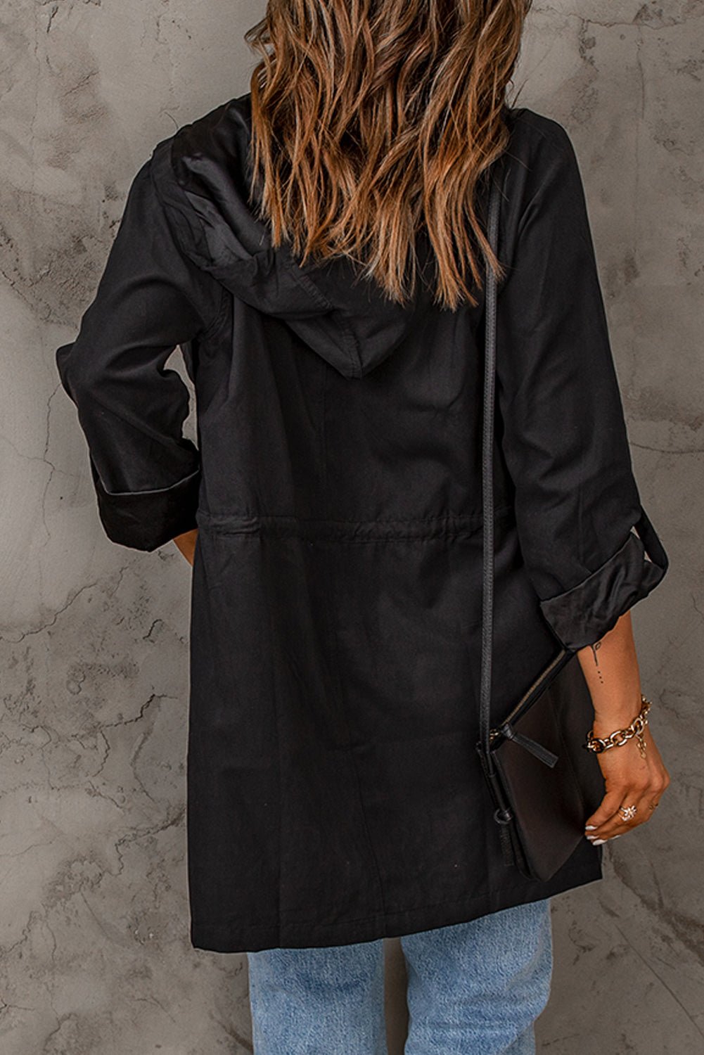 Comfortable 100% Polyester Drawstring Longline Hooded Jacket for Transitional Weather