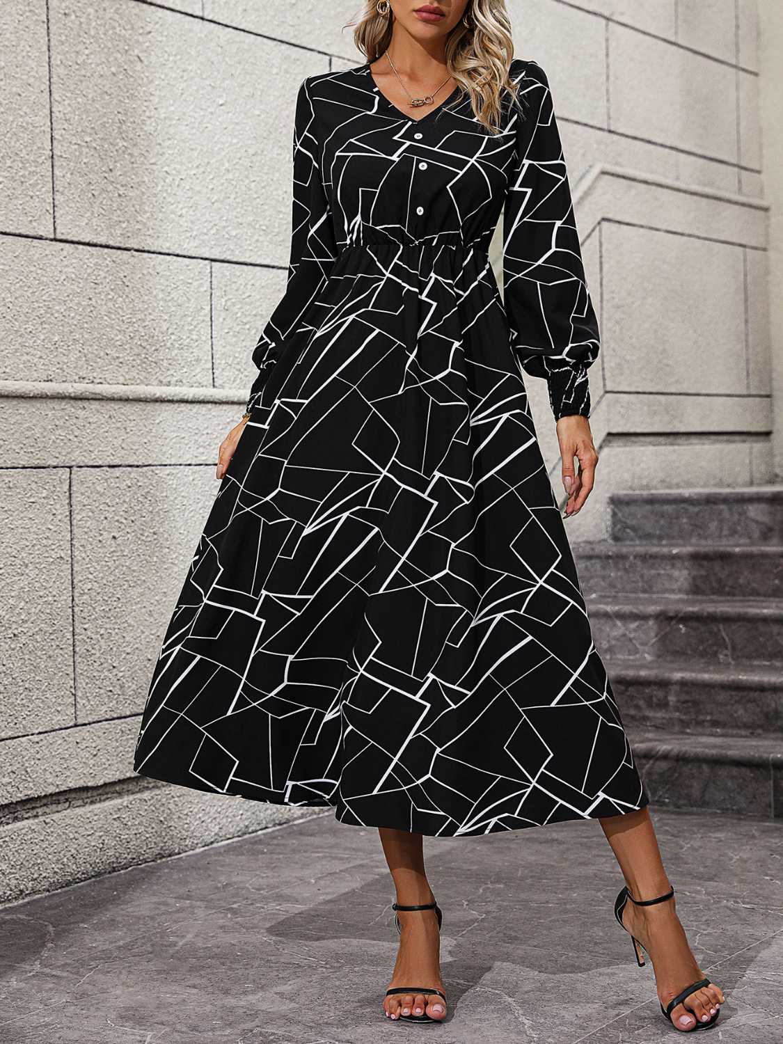 Stylish Geometric V - Neck Lantern - Sleeve Polyester Dress
