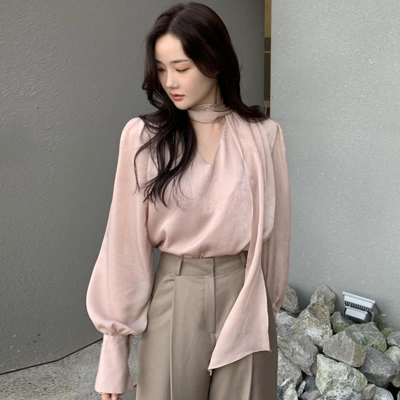 High-quality French-style V-neck Ribbon Scarf Loose Solid-color Long-sleeve Women's Top