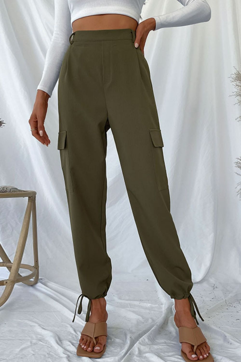 Long Regular Drawstring Ankle Solid Cargo Pants in 100% Polyester
