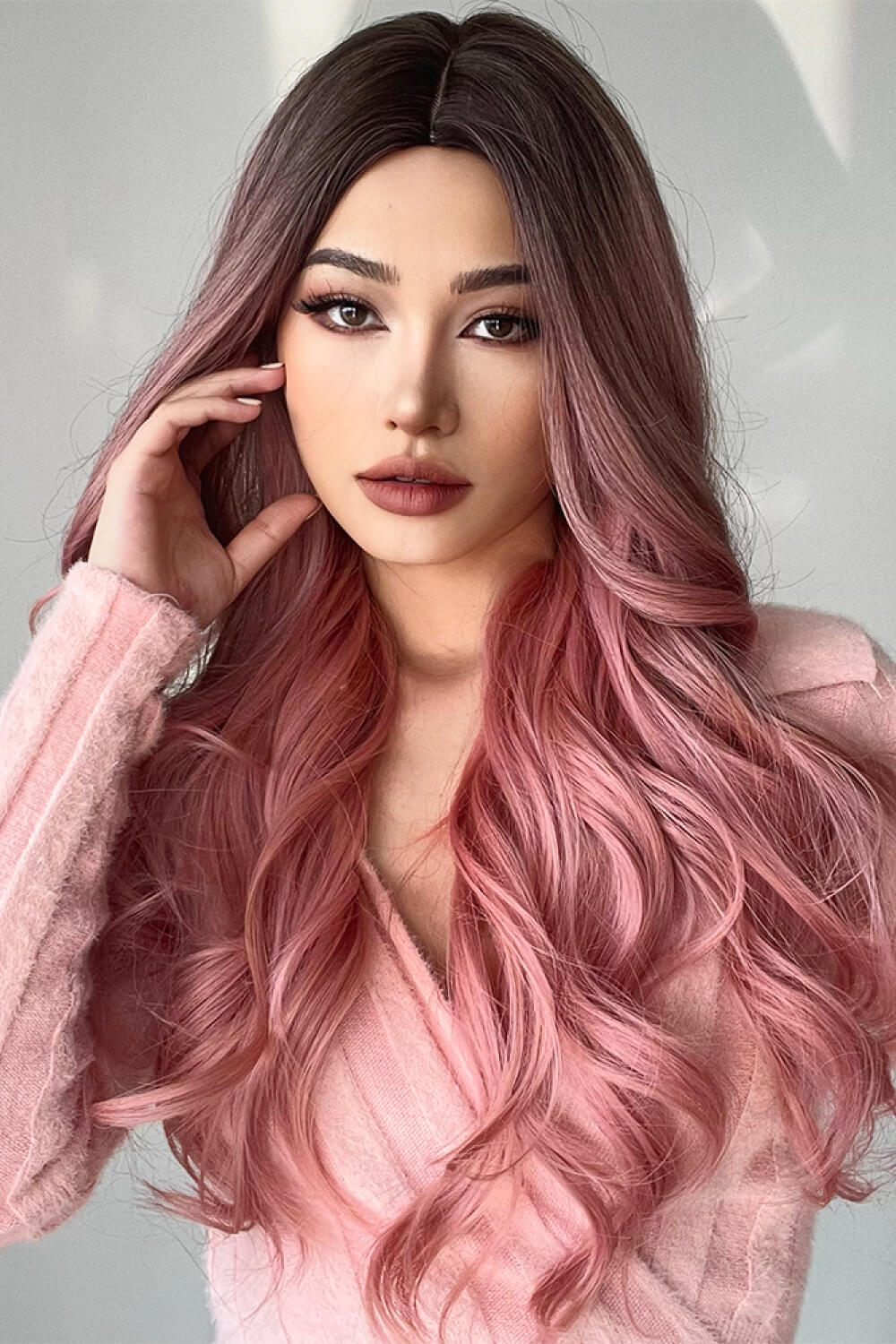 26-Inch Pink Fashionable Synthetic Long Wave Wigs