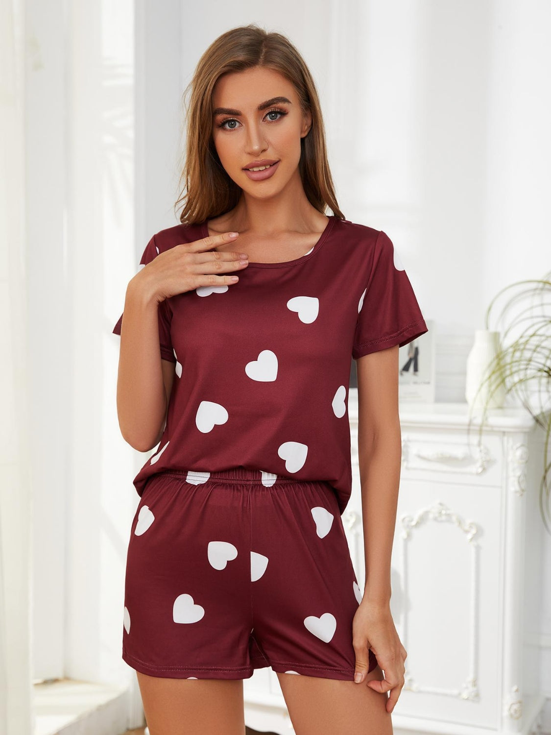 Comfy Heart - Shaped Round Neck Top and Shorts Lounge Set