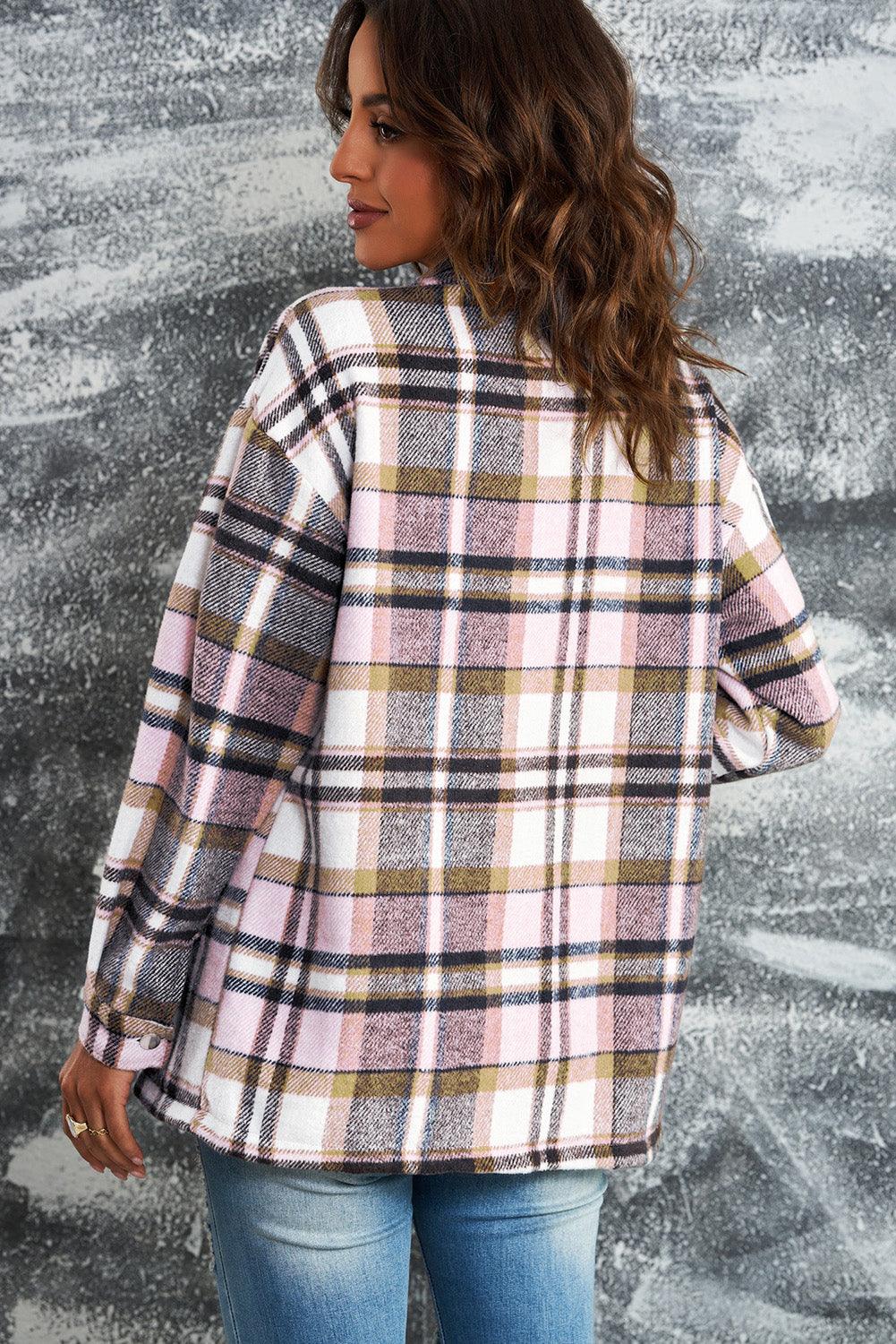 Stylish Plaid Button-Front Casual Shirt Jacket with Functional Breast Pockets