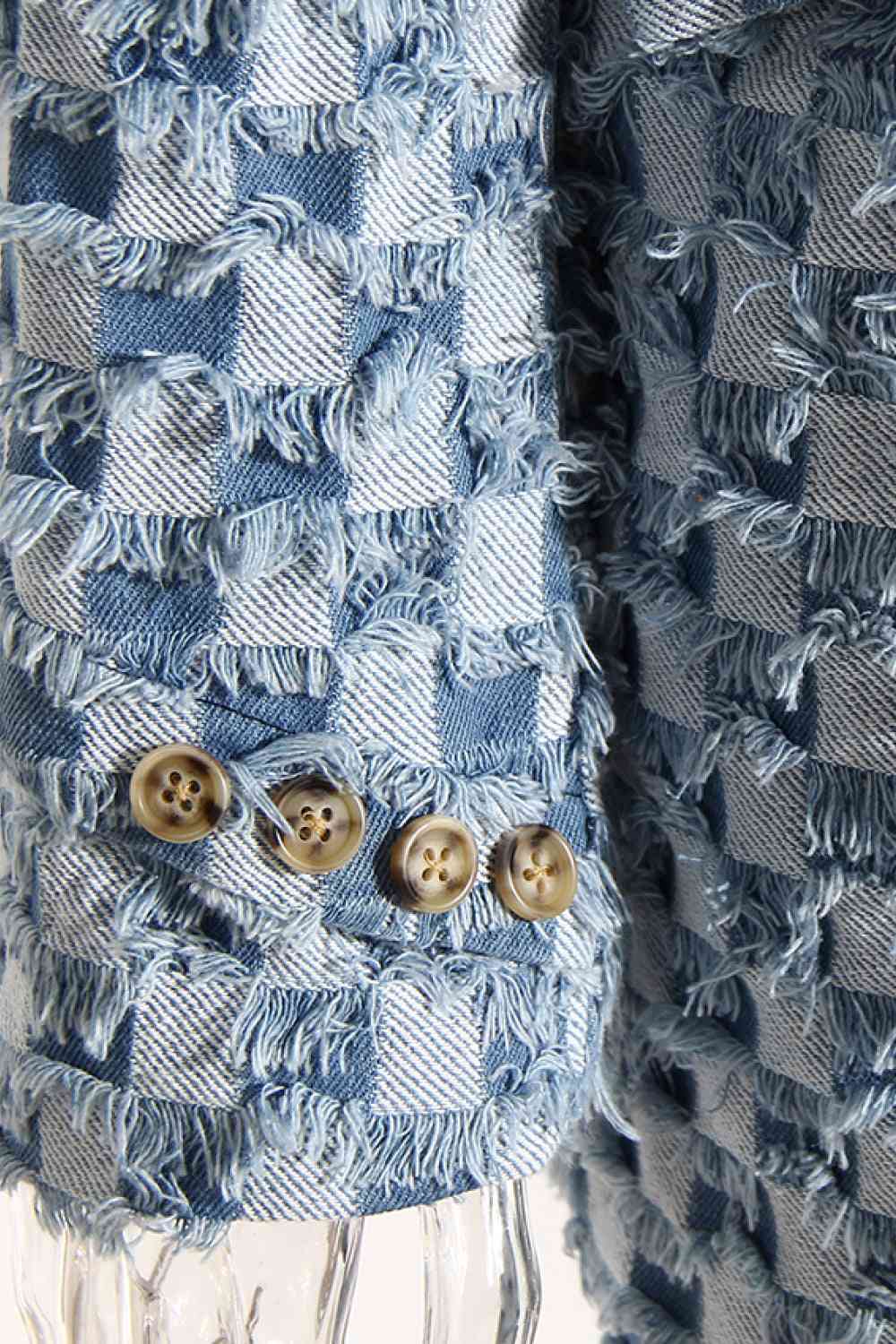 Double Take Long Sleeve Denim Jacket with Lapel Collar and Fringe Details