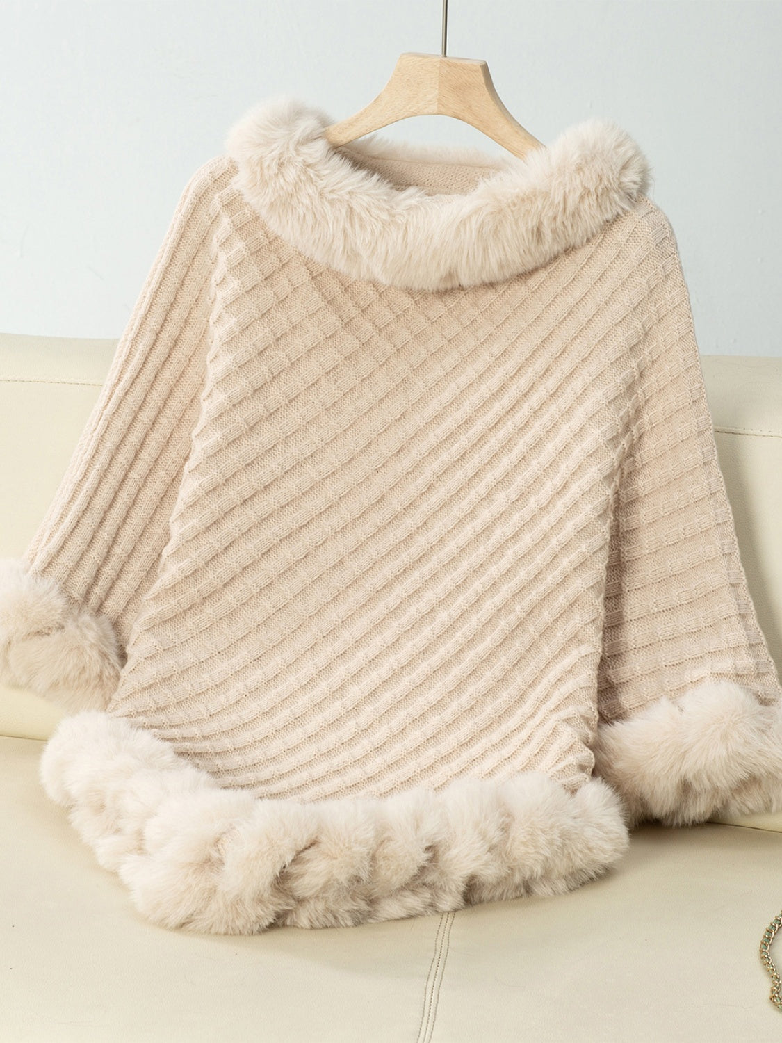 Fashionable Three-Quarter Sleeve Poncho with Fuzzy Trim Texture