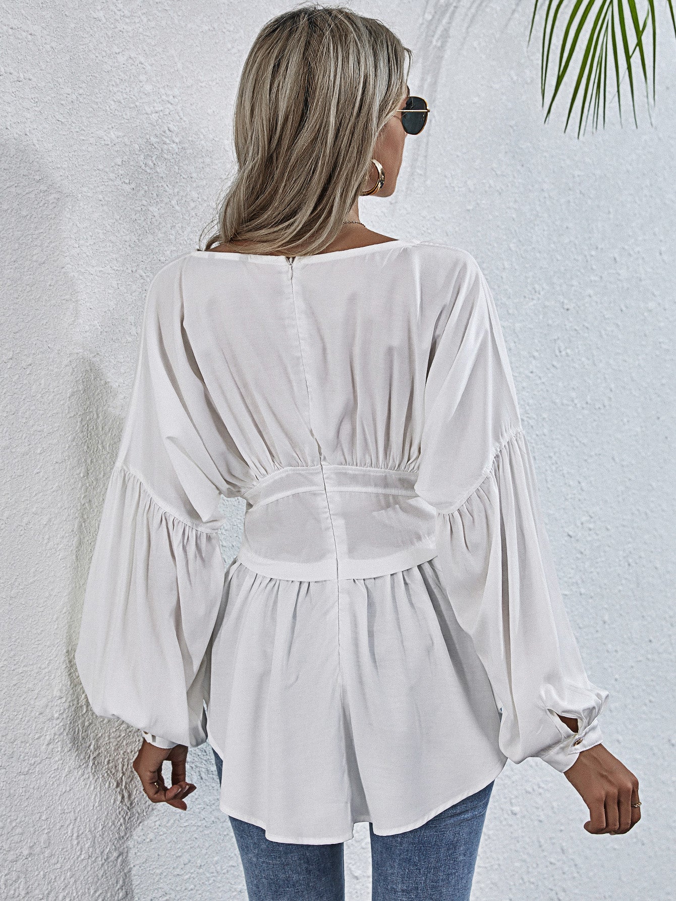 Long Sleeve Casual Round Neck Blouse with Exposed Seams and Dropped Shoulders