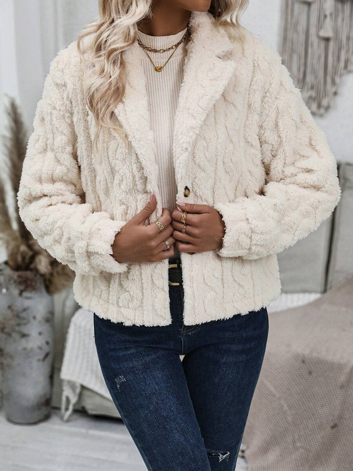 Fuzzy Buttoned Up - Collar Neck Winter Jacket for Casual Wear