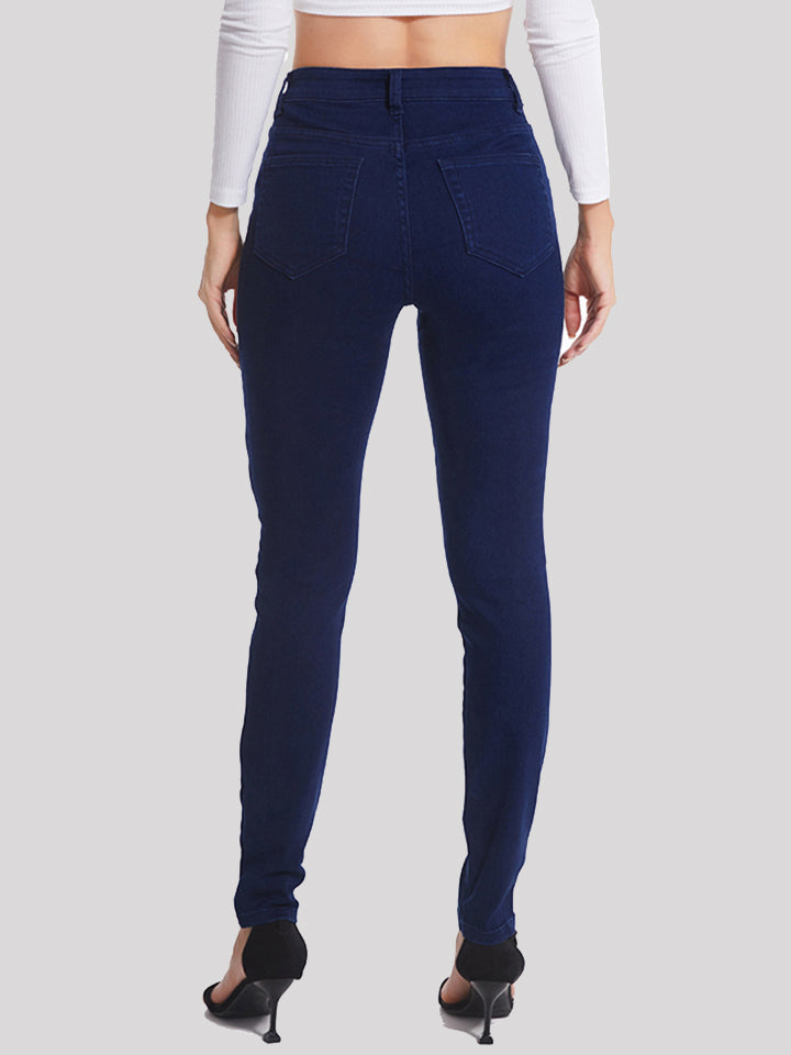 Full-Length Buttoned Jeans in Solid Pattern with Stretchy Fit