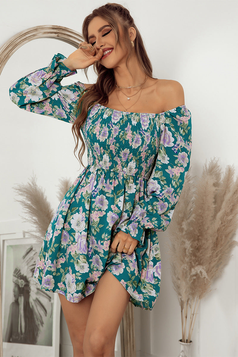 Chic Floral Print Flounce Sleeve Smocked Square Neck Mini Dress for Women
