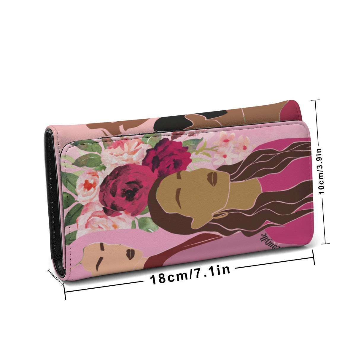 Foldable Women's Wallet with Unity, Hope, Pink, Hot Pink, Burgundy, Roses Design for Breast Cancer Awareness, Featuring Black, Hispanic, White Color Schemes and Smooth Hair Texture (Designed by Dunbi)