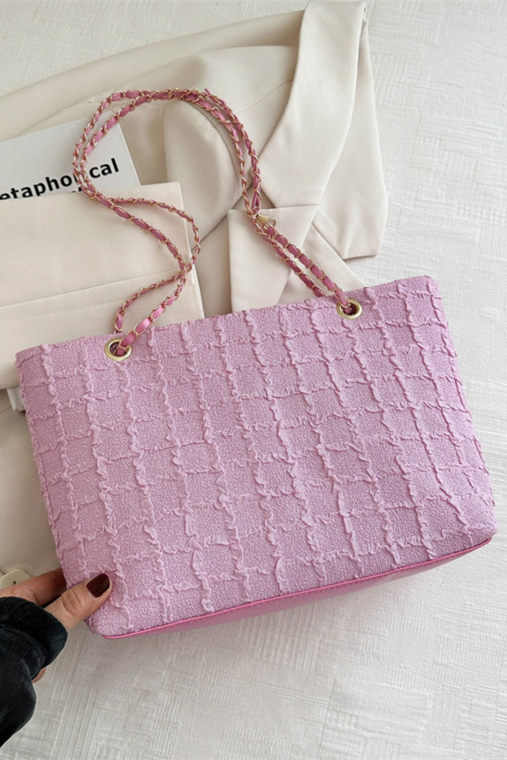 Imported Medium-sized Polyester Tote Bag with Chain Texture