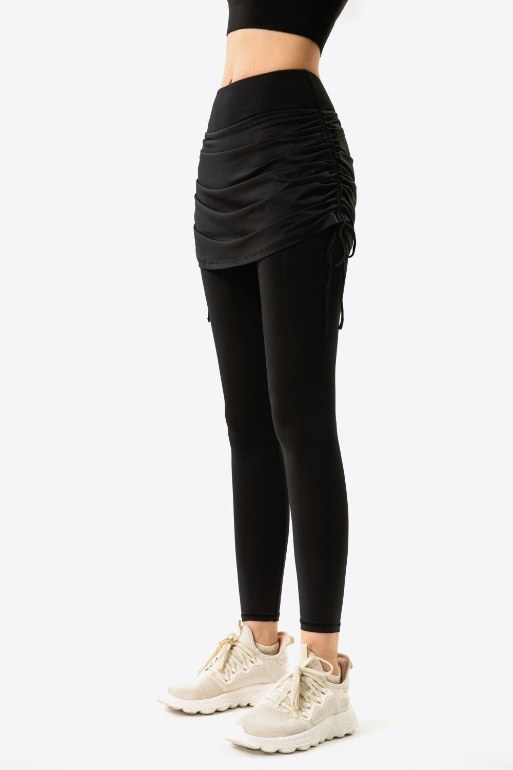 Soft and Breathable Drawstring Ruched Faux Layered Stretch Yoga Leggings