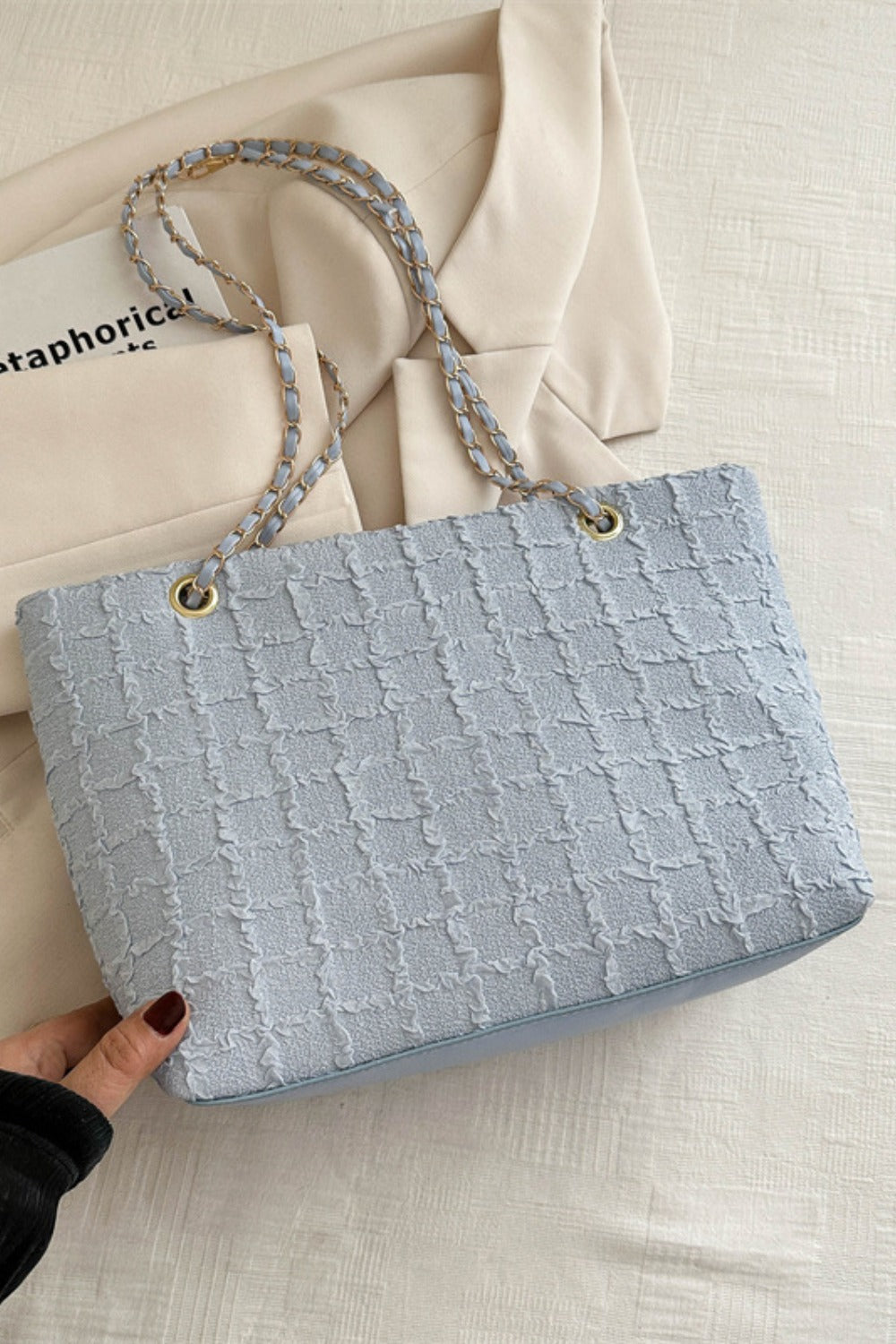 Imported Medium-sized Polyester Tote Bag with Chain Texture