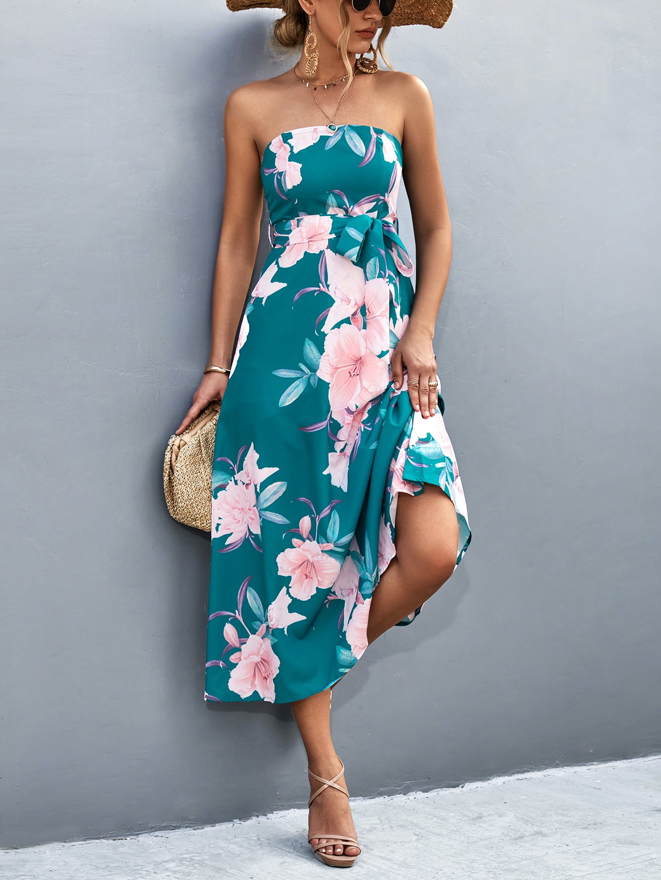 Chic Floral Patterned Tie-Waist Straight Neck Midi Sleeveless Dress