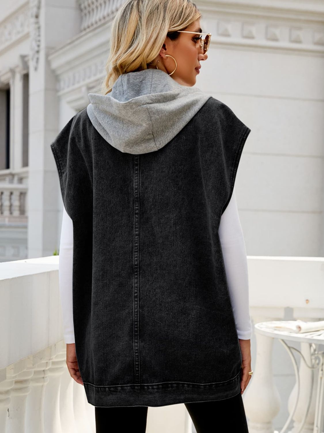 Long Hooded Sleeveless Denim Top with Functional Pockets