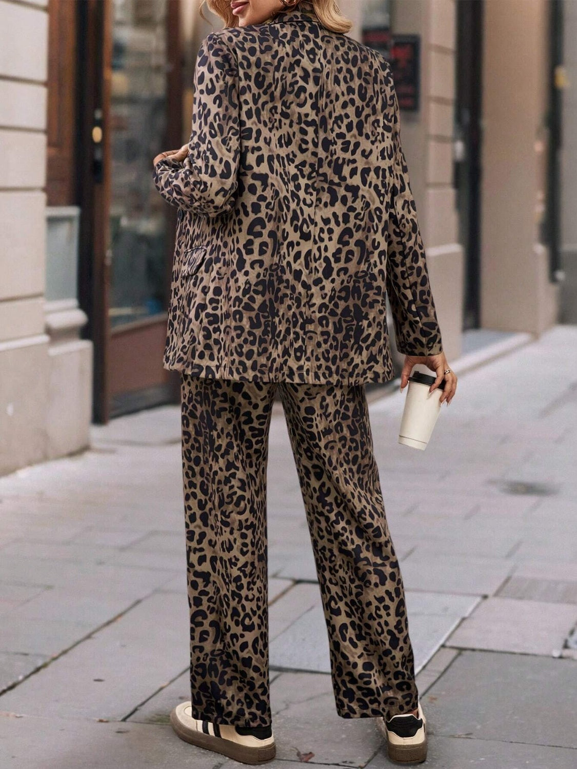 Full-Size Leopard Print Long Sleeve Lapel Collar Blazer and Pants Two-Piece Set