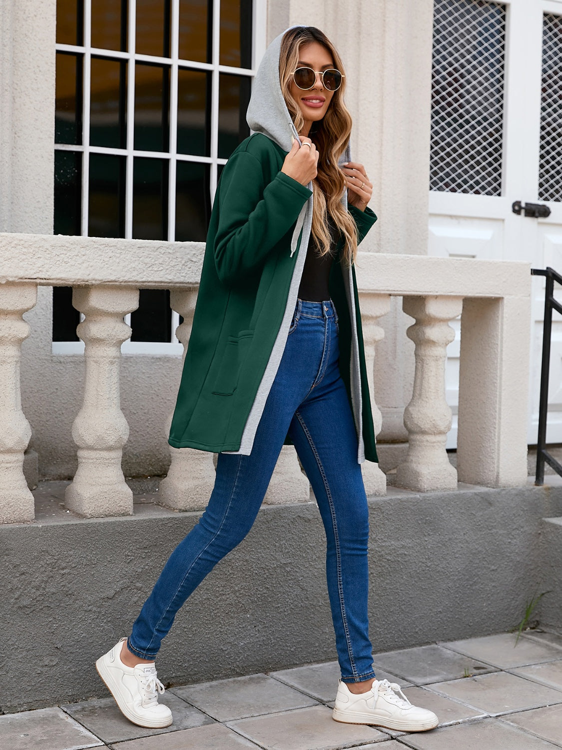 Polyester-Elastane Drawstring Long Sleeve Hooded Pocketed Jacket