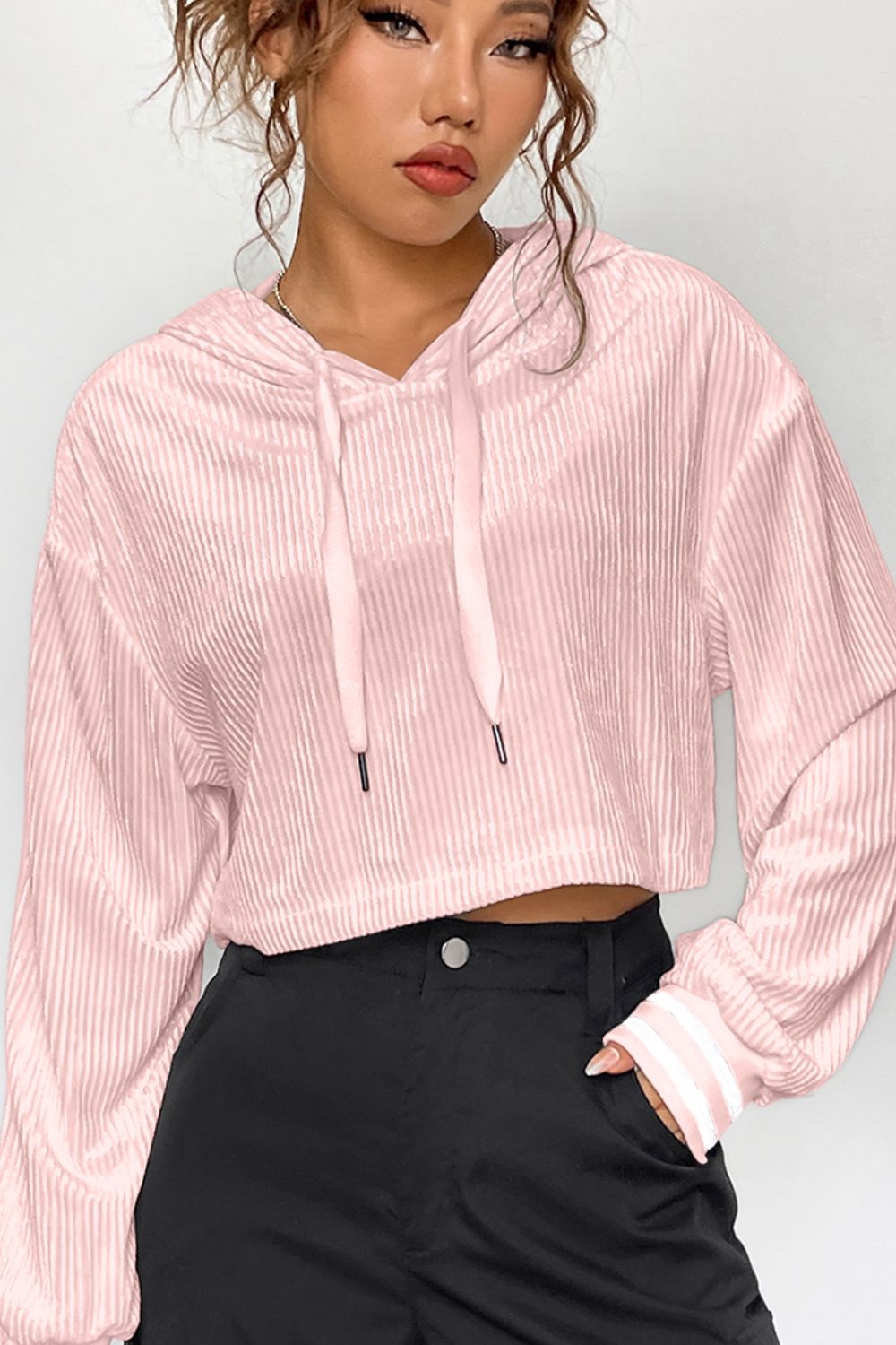 Opaque Drawstring Long Sleeve Drop Shoulder Hoodie