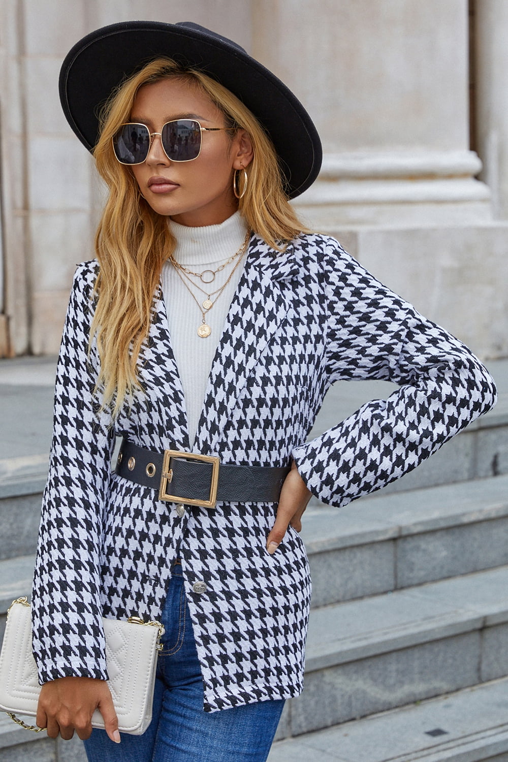 Stylish Houndstooth Patterned Lapel Collar Long Sleeve Men's/Women's Blazer for Formal and Casual Occasions