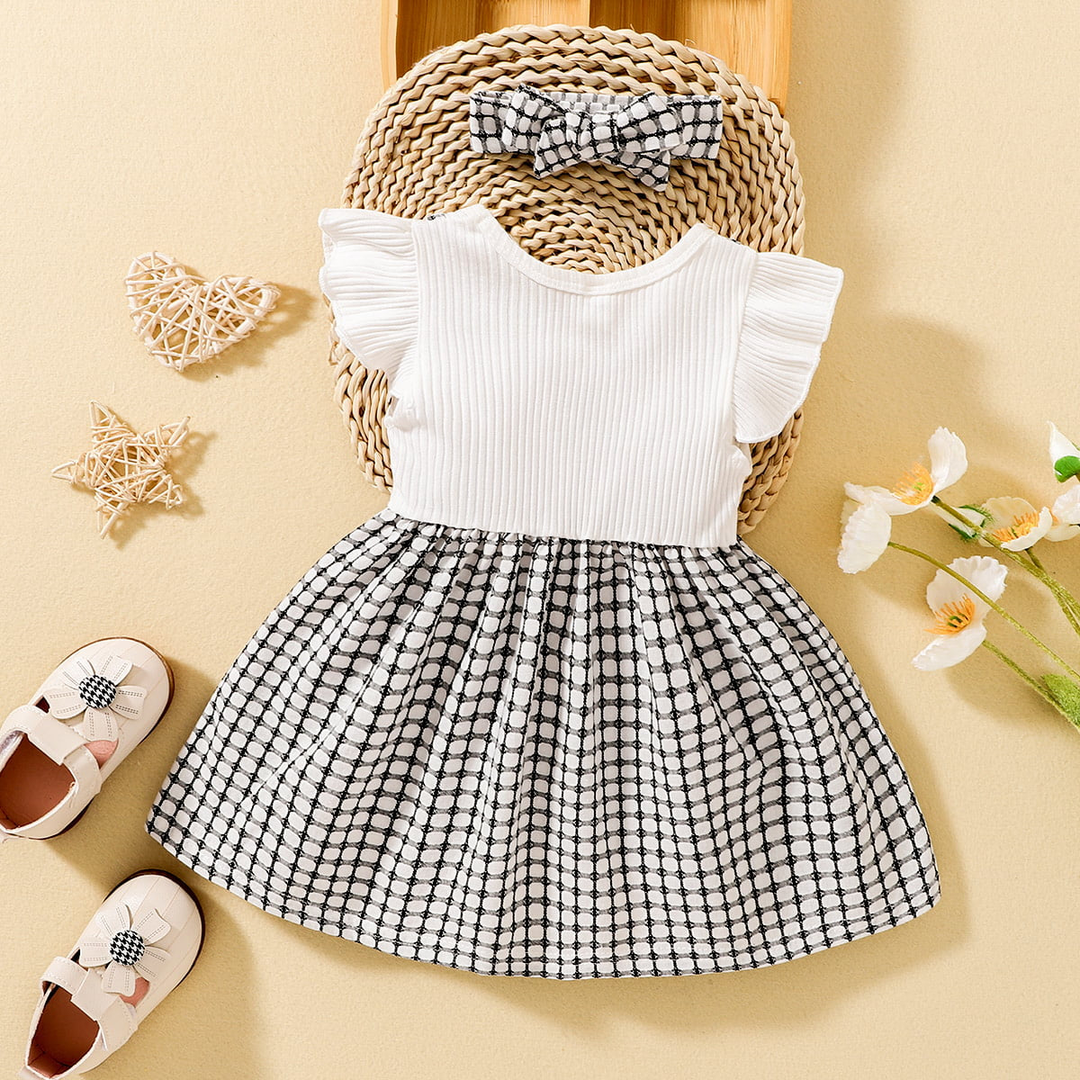Adorable Plaid Round Neck Dress with Bow Details